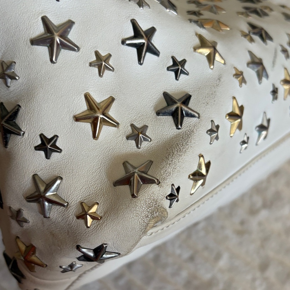 Jimmy Choo White Leather Gold, Silver, Gunmetal Star Studded Tote Bag - Picture 14 of 15